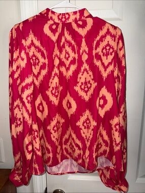 Flying Tomato- Women's Patterned Long-Sleeve Blouse - Pink & Cream